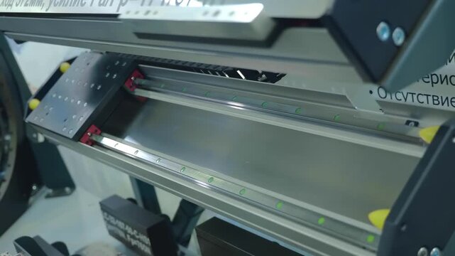 The exhibition presents examples of mechanisms with linear motion systems using stepper motors of various types and purposes. Closeup. Shot in motion 