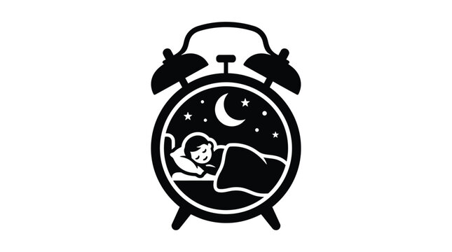 Silhouette of a sleeping child inside an alarm clock at night