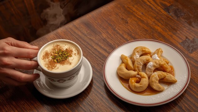 Classic Turkish Salep, a warm milk beverage garnished with cinnamon and pistachios, alongside Qatayef dessert on a wooden caf&eacute; table.