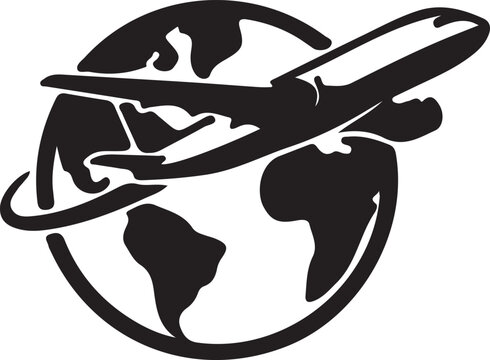 Airplane flying around the globe planet earth travel silhouette vector icon