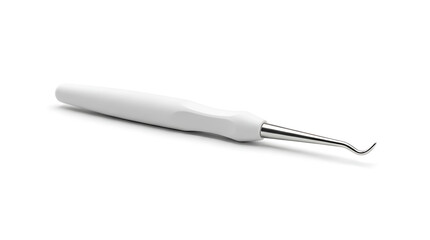 Fototapeta premium Ergonomic dental explorer instrument with white handle and curved metal tip for oral examination isolated on white background essential equipment for professional dentists and dental hygienists today.