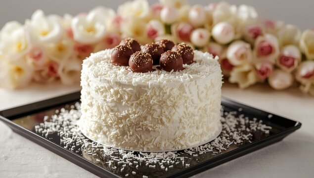 Coconut Raffaello cake on dark platter.