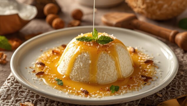Coconut dessert topped with sweet milk sauce on the table.