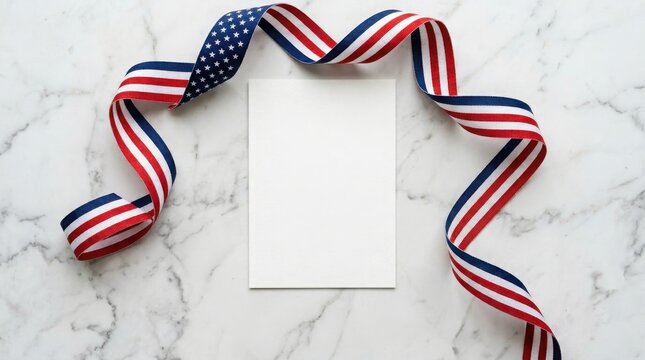 Independence day mockup patriotic ribbon and blank card on marble surface