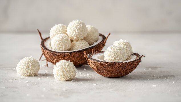 Coconut treats in shells against a light gray backdrop.