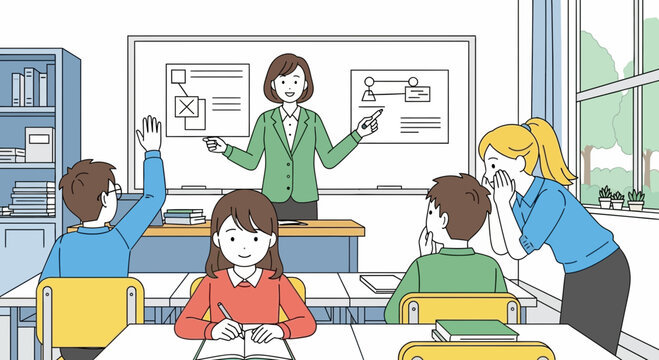 Teacher instructing students in classroom, one student raising hand, another whispering