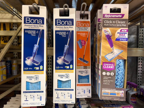 Bona And Rubbermaid Floor Mop Cleaning Systems Display In Retail Store Aisle