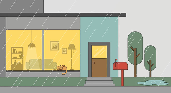 Cozy house during rainy day, cat inside warm living room, modern architecture, outdoor mailbox