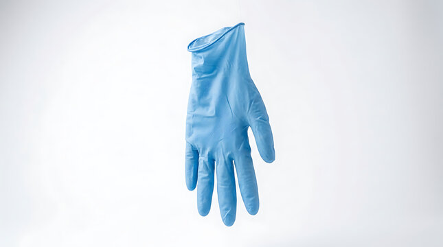 Single blue nitrile medical examination glove floating on a white background representing hygiene, safety, and infection control in professional dental and healthcare environments and surgery.