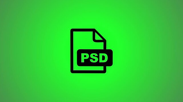 Minimalist animated psd file format icon moving on green background for graphic design and software concepts