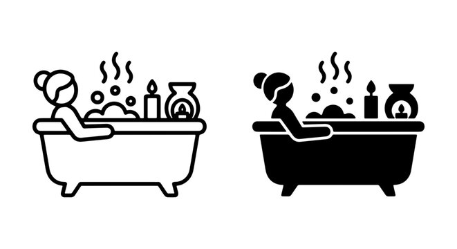 Relaxing Bath Icons, Self-Care Bathtub Vector Set, Aromatherapy and Candle Illustration, Wellness Lifestyle Graphics