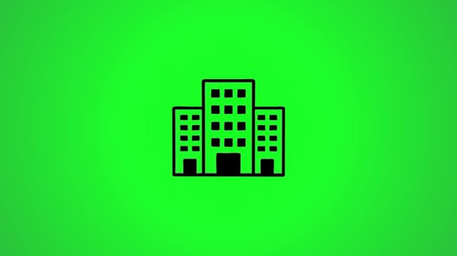 Animated three building icon on green screen background, motion graphic, corporate headquarters building logo, modern office skyscraper for business