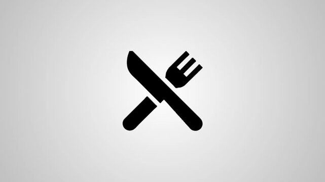 Minimalist black cutlery icon animation showing crossed knife and fork over light gray background with smooth motion