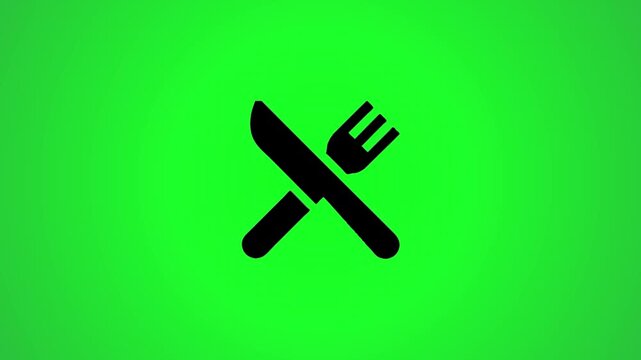 A captivating 3d animation of a knife and fork icon, expertly rendered with dynamic movement and vibrant colors on a green screen background