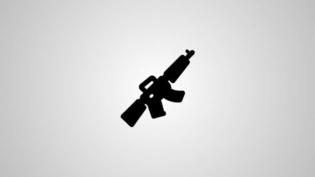 Minimalist black rifle icon animation on white background, military weapon symbol with dynamic light reflections, clean and modern visual design