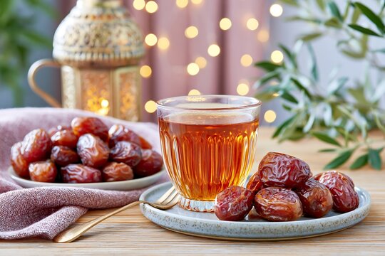 Cozy indoor Eid table features dates and tea under warm glowing lighting.