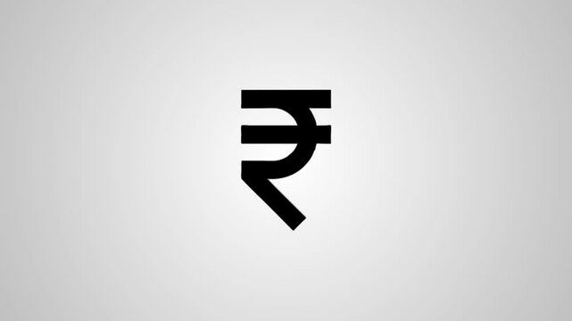 Indian rupee symbol animation featuring rotating black currency sign on clean white background for financial video content