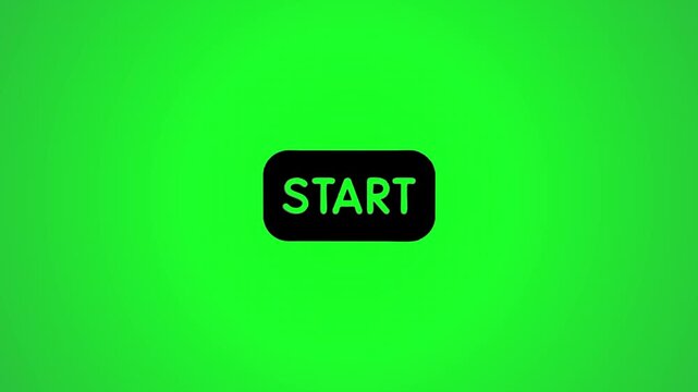 Animated green start button appears and changes color on a vibrant green background, motion graphic