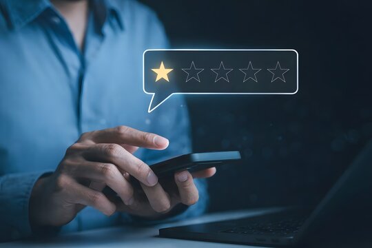 Negative customer review concept. A person use smartphone to give a one-star rating, symbolizing customer dissatisfaction, negative feedback, and online reviews in business reputation. 1 star score,