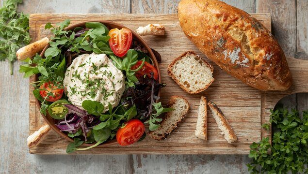 Crab spread salad with sticks, rustic meal snack on table, empty background.