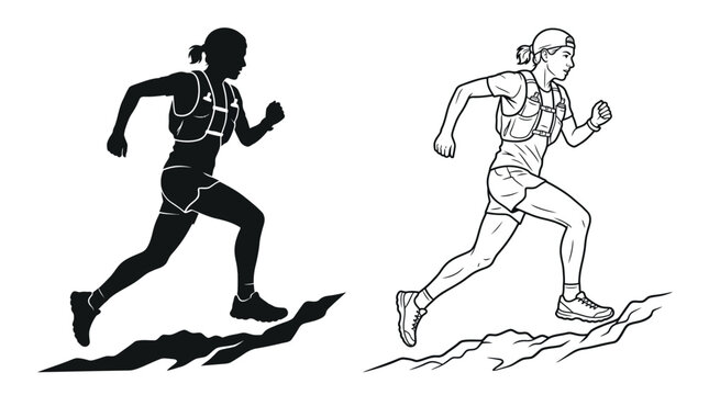 running woman silhouette and line drawing with backpack