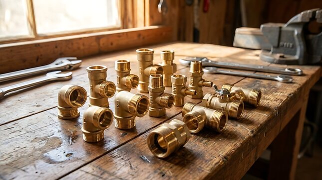 Arrangement of various golden brass pipe fittings and valves placed on rough wooden workshop table with wrenches and heavy industrial metal vice in background area.