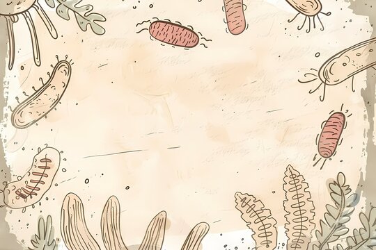 Colorful bacteria and microorganism illustration on textured background. Science research concept for medical poster or educational textbook. Artistic microbiology theme with copy space.