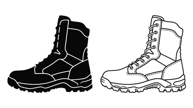 Combat boot silhouette black and white line drawing
