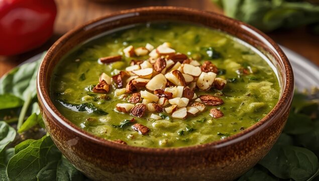 Creamy potato soup with Swiss chard and roasted almond pieces in a brown bowl.