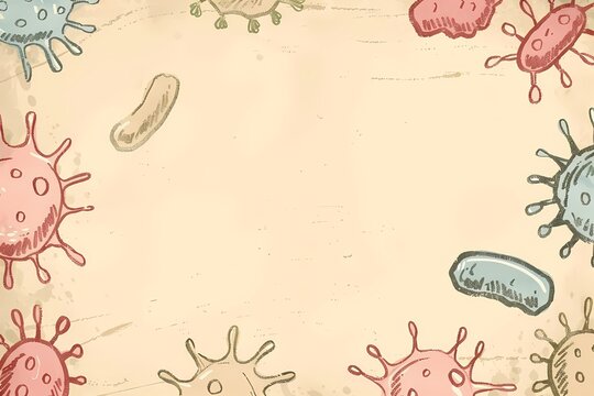 Colorful hand drawn bacteria illustration on beige background. Microorganism and virus cell sketches for scientific education. Medical background design with laboratory biology concept.