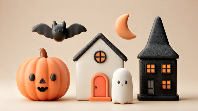 Cute halloween decorations with pumpkin ghost bat moon houses, trick or treat