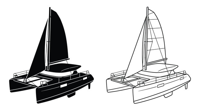 Sailing catamaran silhouette black and white line art illustration