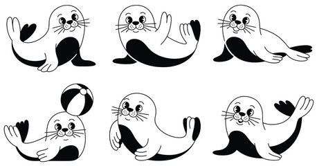 playful seals in various poses and gestures vector illustration collection, cute marine animal character design set, ocean wildlife cartoon style artwork, minimal modern nature concept. © MSTFARIDA