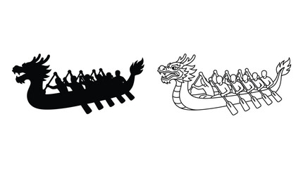 Dragon boat silhouette and line drawing on white background © Design Bari