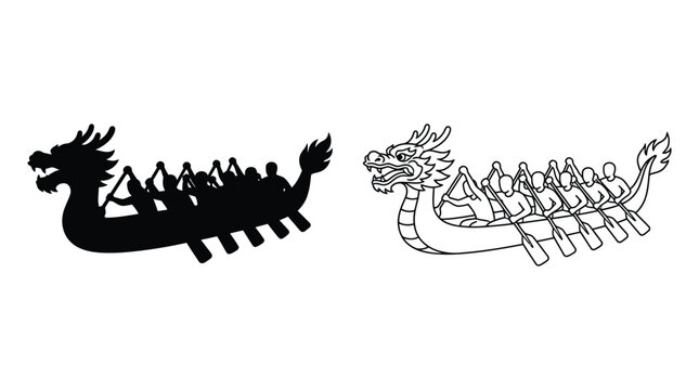 Dragon boat silhouette and line drawing on white background