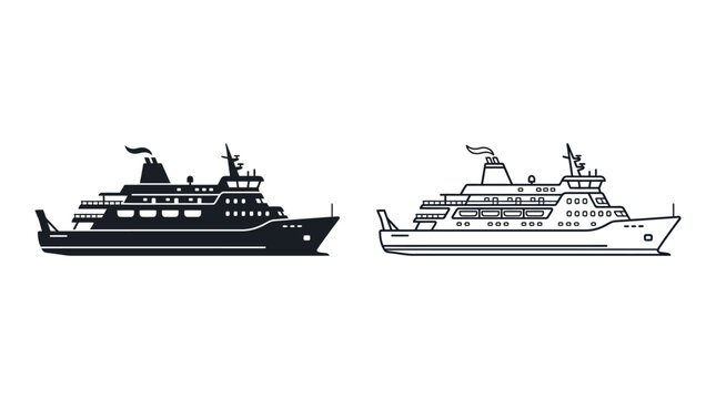 Cruise ship and ferry boat silhouettes on white background