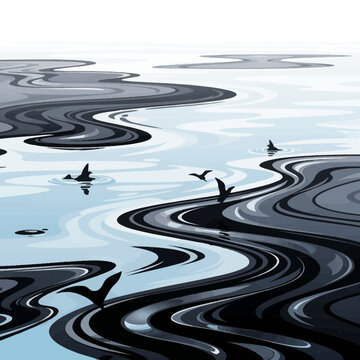 Birds flying over polluted water with oil slick.