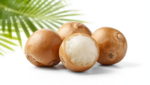 Crisp white-fleshed, round brown corms of water chestnuts on a white background.
