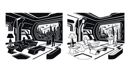 Obraz premium Futuristic interior with cityscape view black and white illustration