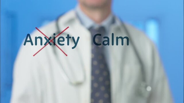 Male doctor in a white coat crossing out the word anxiety on a transparent screen, highlighting the concept of achieving calmness, mental health, and well being through medical support