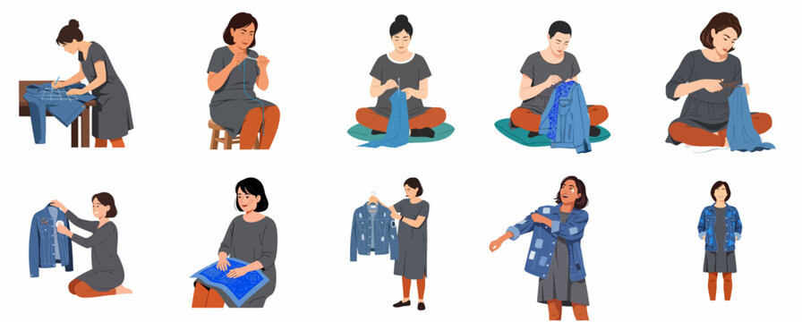 Women upcycling denim jacket through sewing, embroidery, and mending. DIY sustainable fashion and clothing repair concept illustrations set isolated on white.