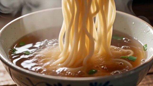 Freshly cooked noodles being dropped into a steaming hot bowl of broth, creating splashes