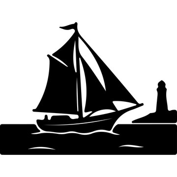 Vintage sailing boat ship on ocean waves near lighthouse silhouette vector icon