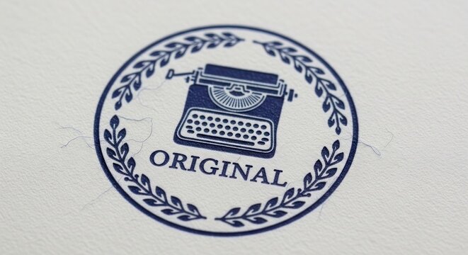 Vintage typewriter emblem with laurel wreath and 'original' text circular stamp design