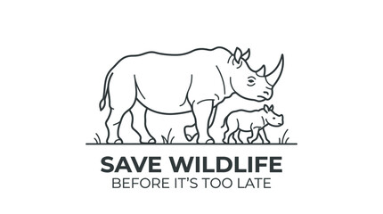 Line art illustration of a mother rhino and her calf. © haniyyah_Karimah