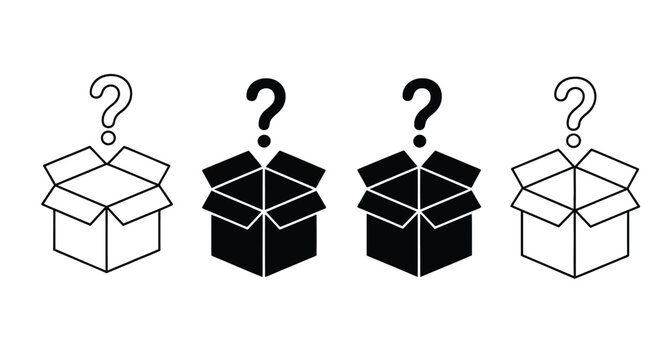 series of open gift boxes with question marks representing mystery and curiosity vector illustration collection, surprise concept design, unknown reward box set, minimal mystery symbol artwork.