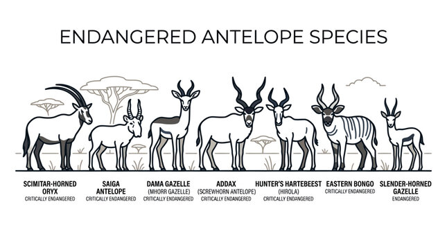 Educational illustration featuring a collection of endangered antelope species.