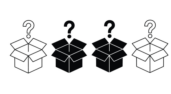 series of open gift boxes with question marks representing mystery and curiosity vector illustration collection, surprise concept design, unknown reward box set, minimal mystery symbol artwork.