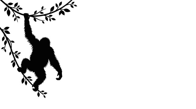 Black silhouette of a chimpanzee hanging from a tree branch.
