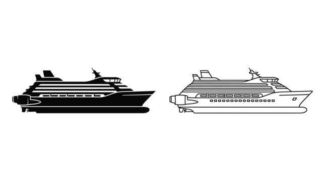 Cruise ship silhouette side view and front view on white background